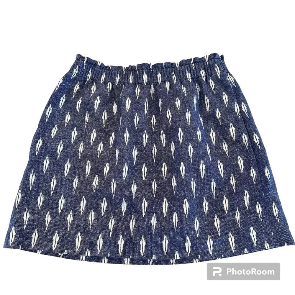 J. Crew Linen Cotton Blend Mini Skirt Blue Chambray Print Lined Pull On Size 6